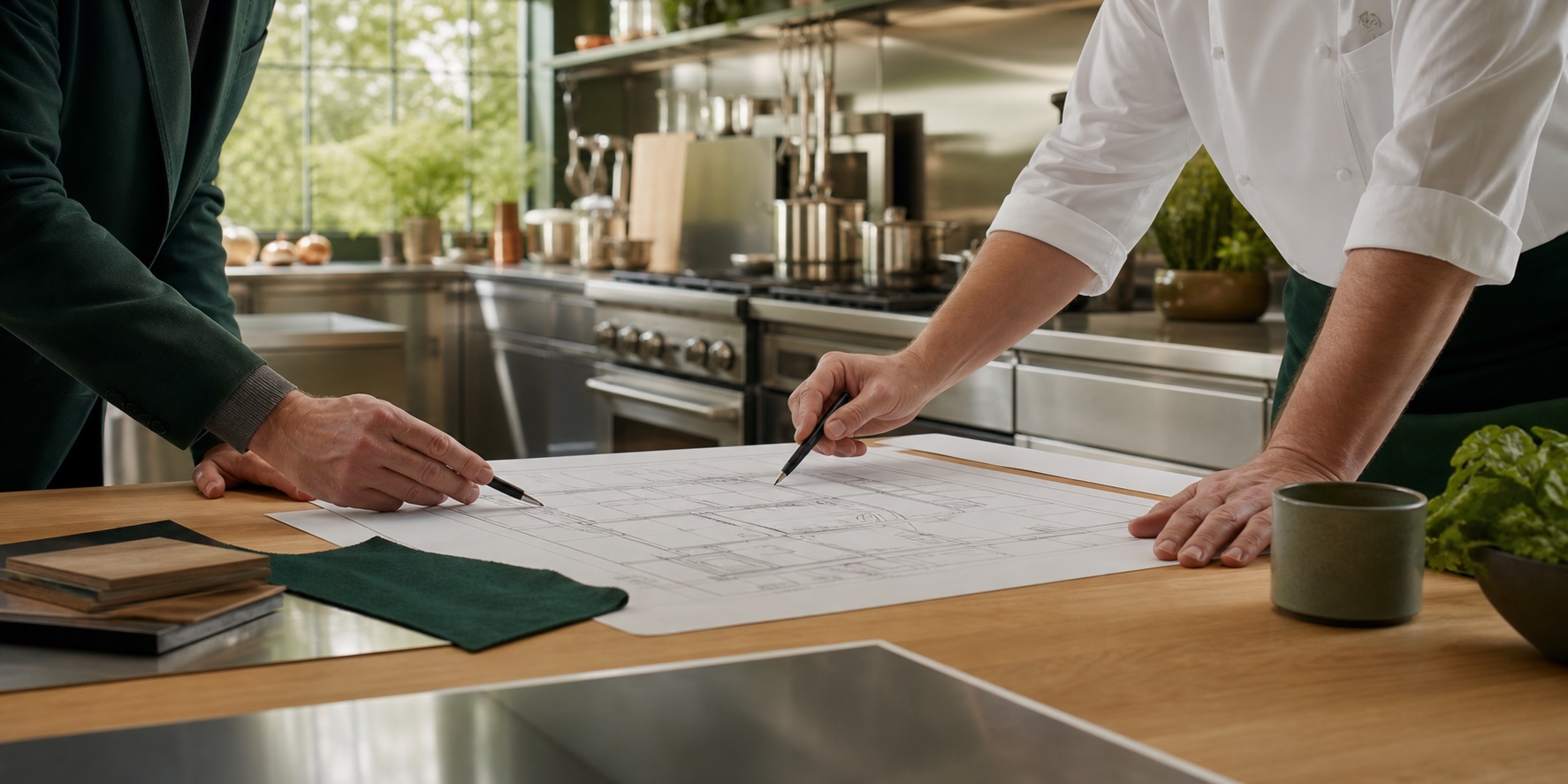 Commercial kitchen designer and chef reviewing a kitchen plan