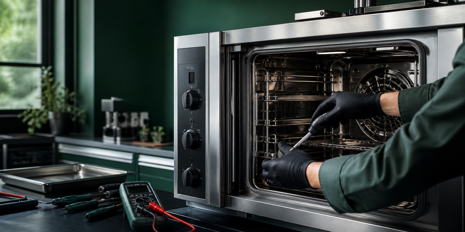 Technician inspecting reconditioned commercial kitchen equipment